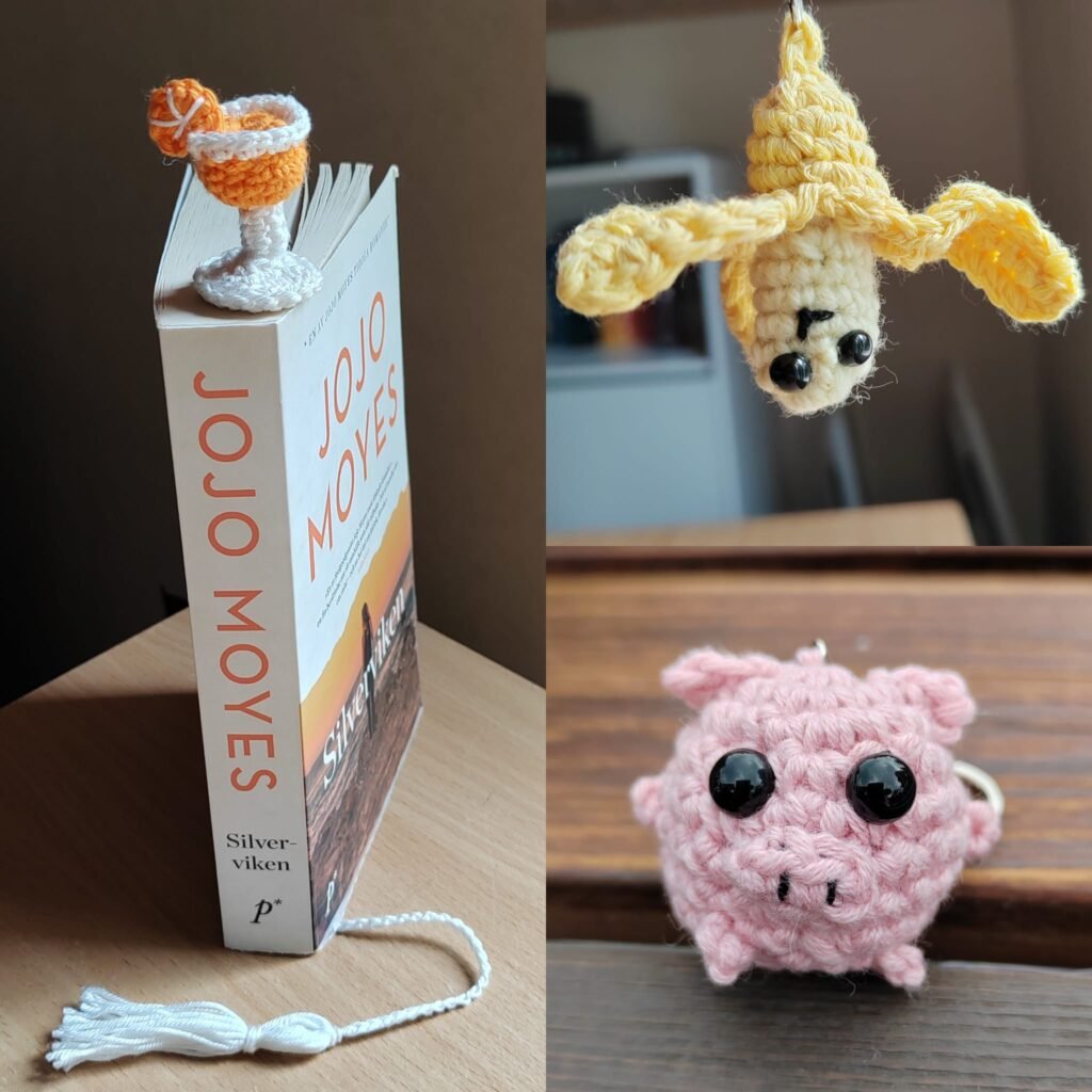 A collage of crochet things: banana, pig and Aperol Spritz