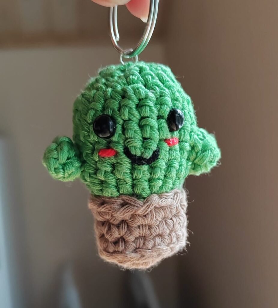 Crocheted cactus keychain
