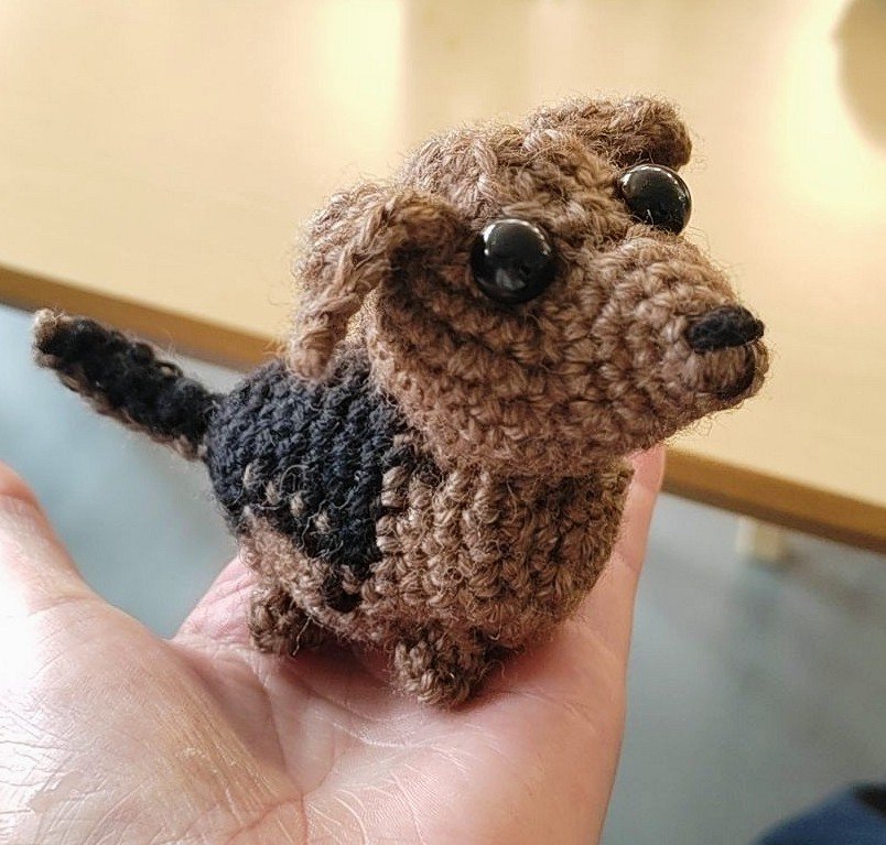 Crocheted dog inspired by a customer's pet